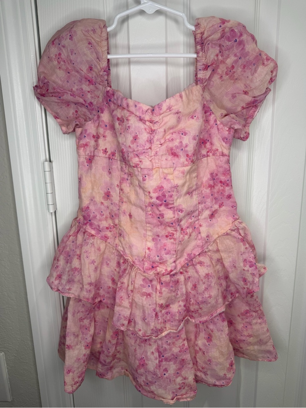 Bardot Junior Lola Floral Corset Mini Dress Girls Size 8 Ramie Pink Puff Sleeve